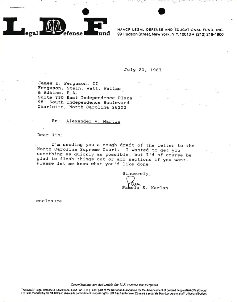 Correspondence from Pamela Karlan to James E. Ferguson, II Re Alexander v. Martin preview