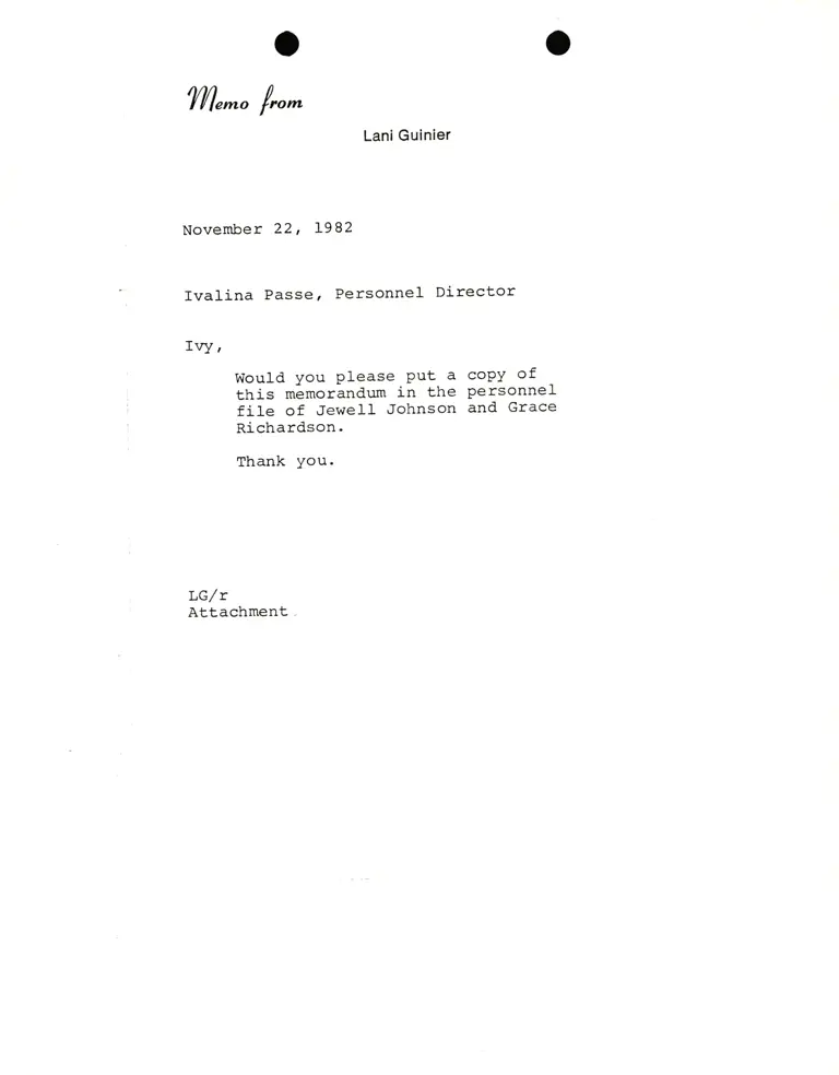 Memo from Lani Guinier to Ivalina Passe preview