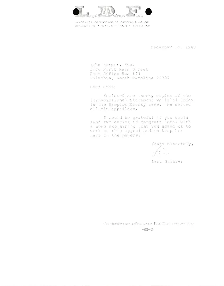 Correspondence from Lani Guinier to John Harper, Esq. Re: Hampton County Case preview