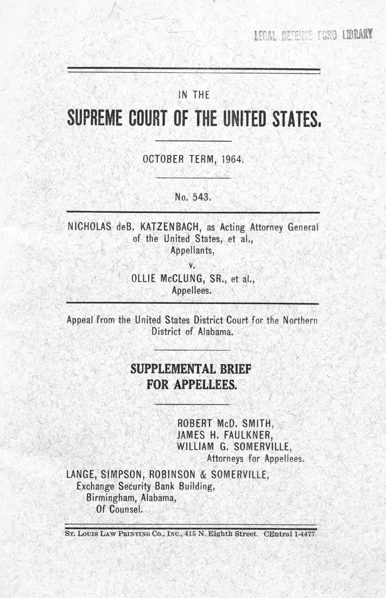 Katzenbach v. McClung Supplemental Brief for Appellees preview