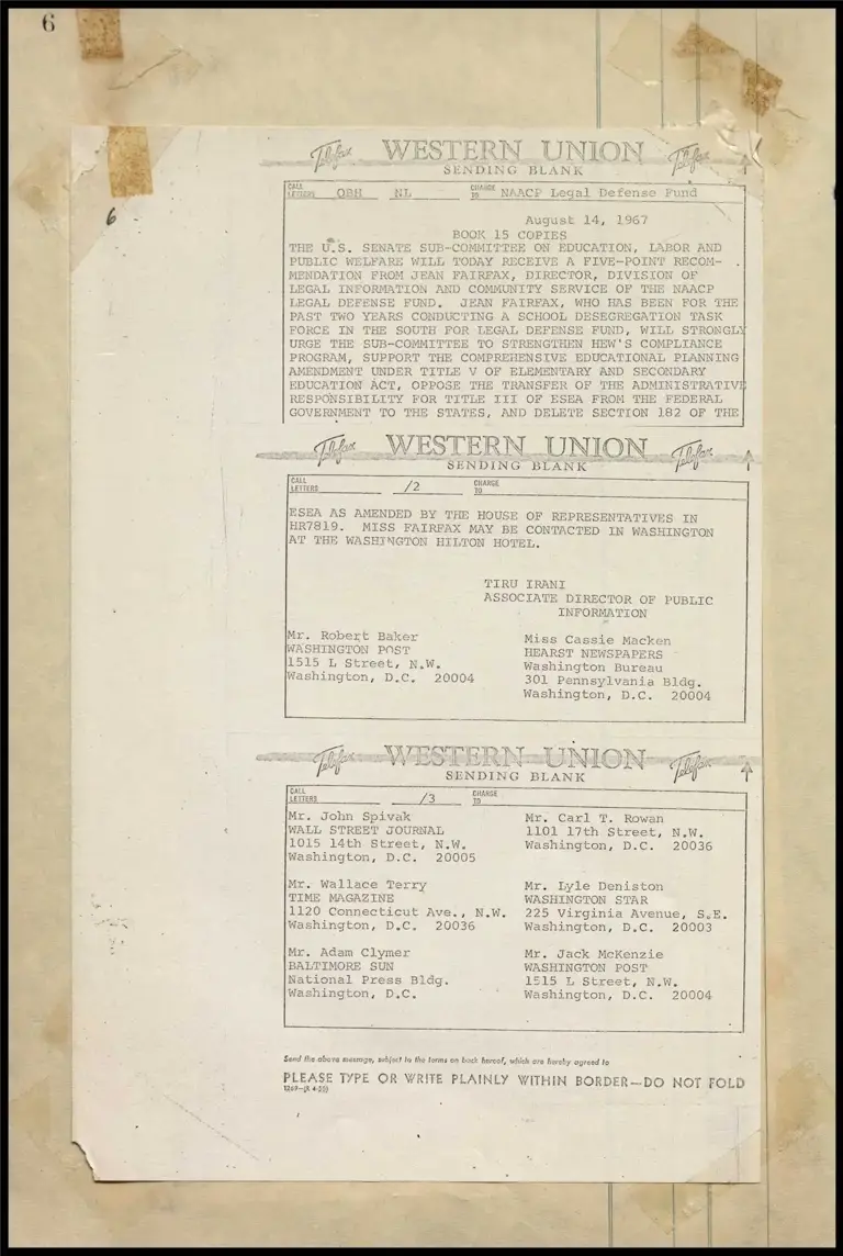 Five-Point Program by Jean Fairfax to U.S. Senate Sub-Committee on Education, Labor and Public Welfare (Telegram) preview