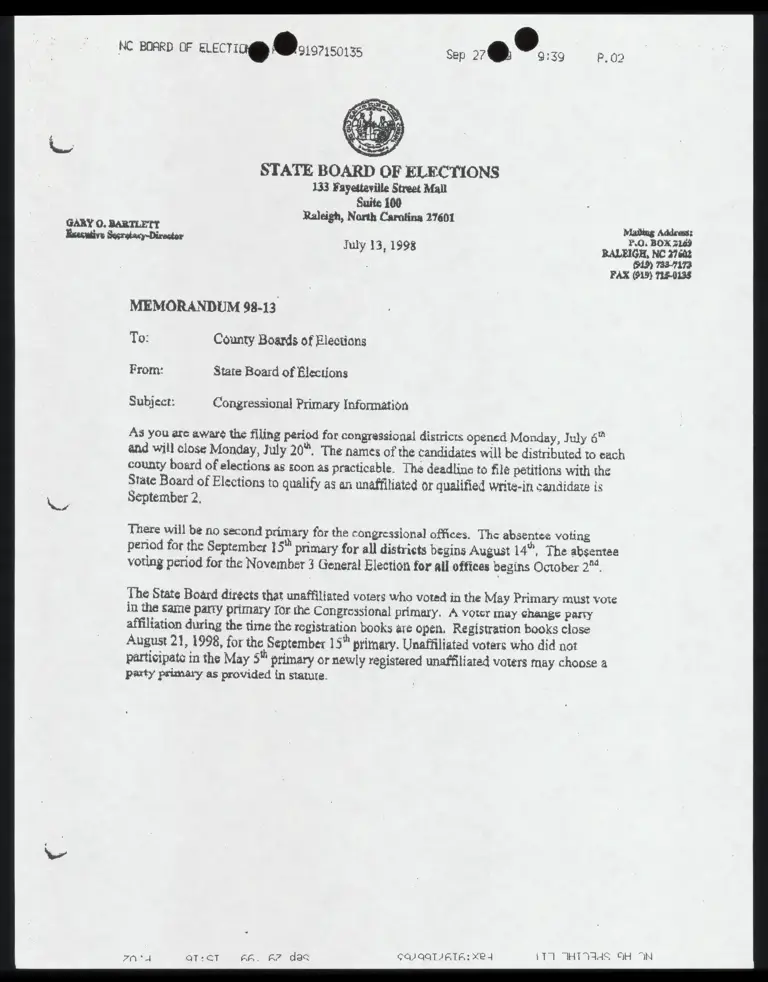 Fax from Smiley RE: Congressional primary information preview