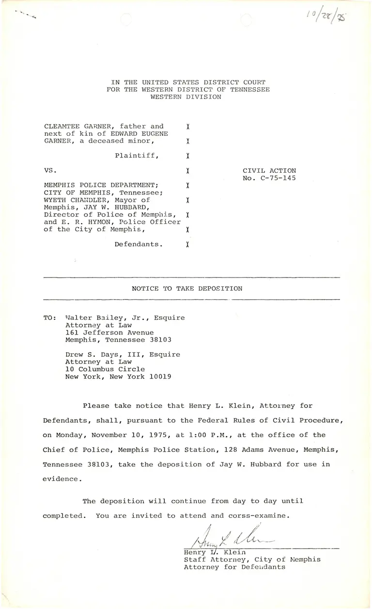 Notice to Take Deposition of Jay W. Hubbard preview