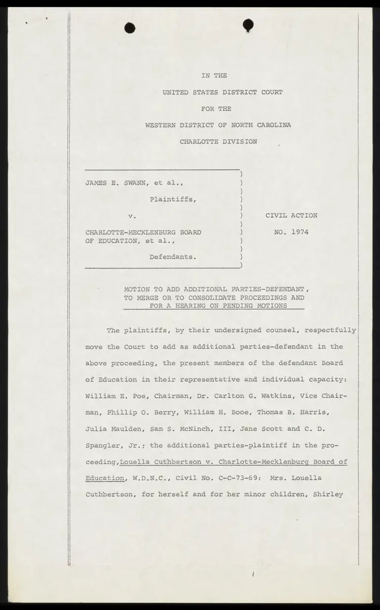 Motion to Add Additional Parties-Defendant, to Merge or to Consolidate Proceedings and for a Hearing on Pending Motions preview