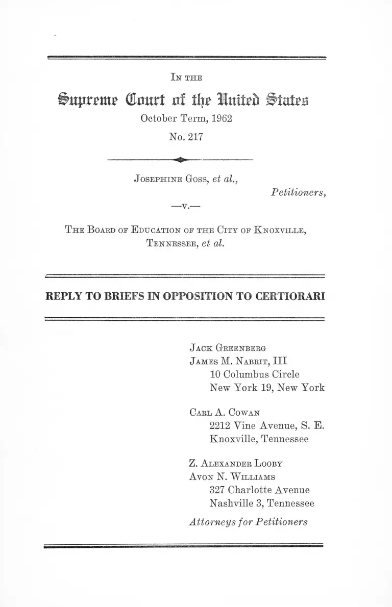 Goss v. Knoxville, TN Board of Education Reply to Briefs in Opposition to Certiorari preview