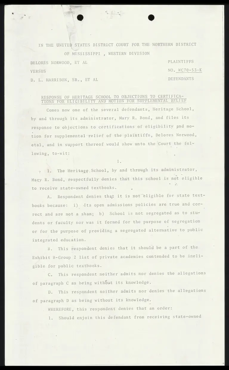 Draft Response of Heritage School to Objections to Certifications for Eligibility and Motion for Supplemental Relief preview
