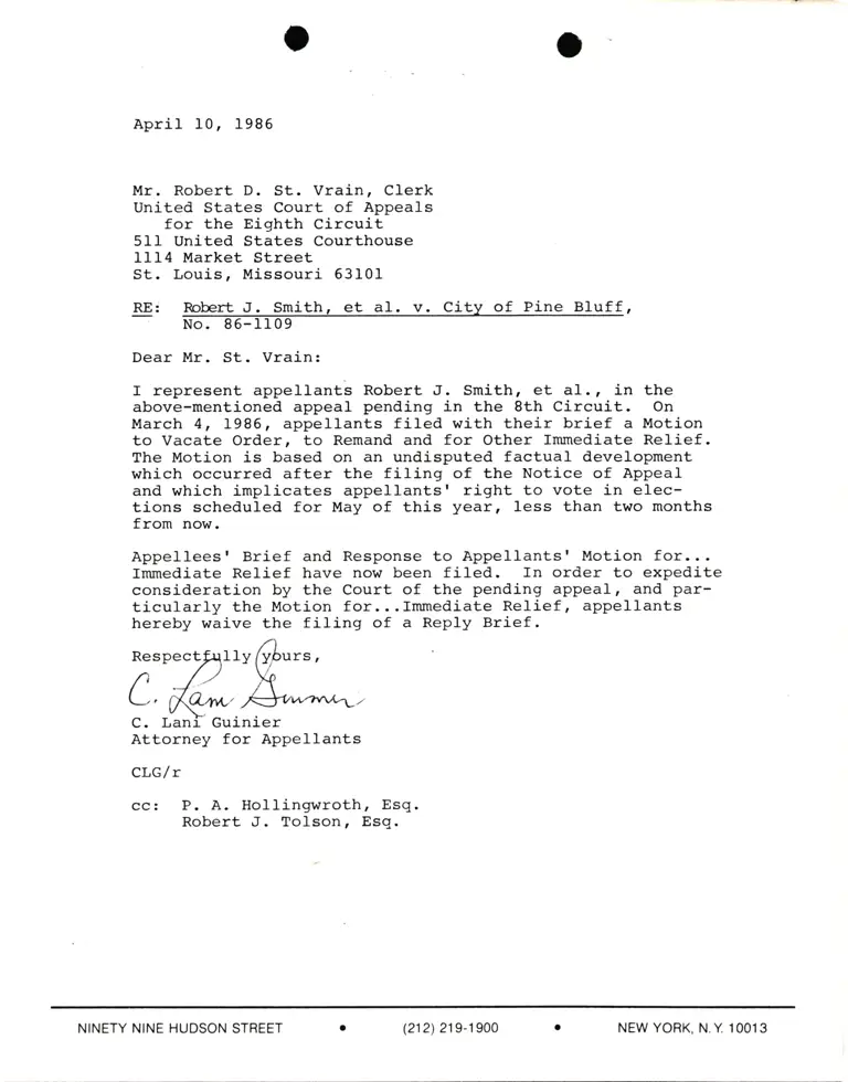 Correspondence from Lani Guinier to Robert D. St. Vrain (Clerk) Re: Smith v. City of Pine Bluff preview