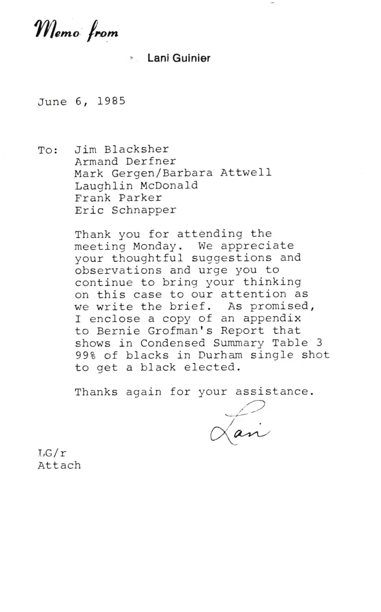 Memorandum from Lani Guinier to Blacksher, Derfner, Gergen/Attwell, McDonald, Parker, and Schnapper preview