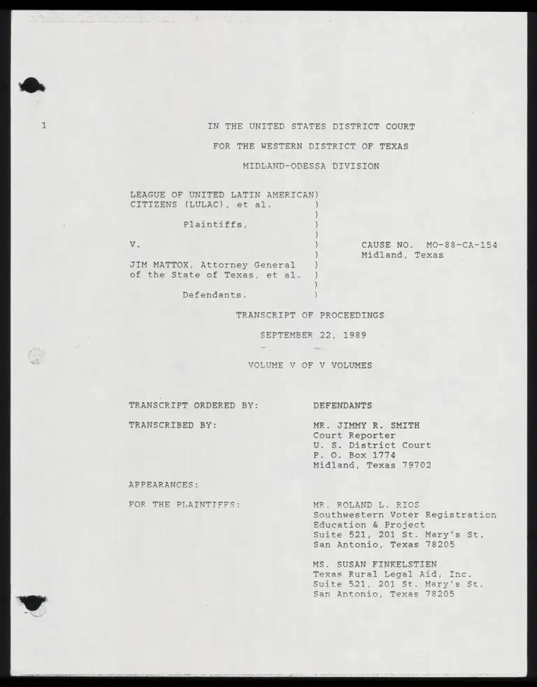 Transcript of Proceedings September 22, 1989 - Volume V preview