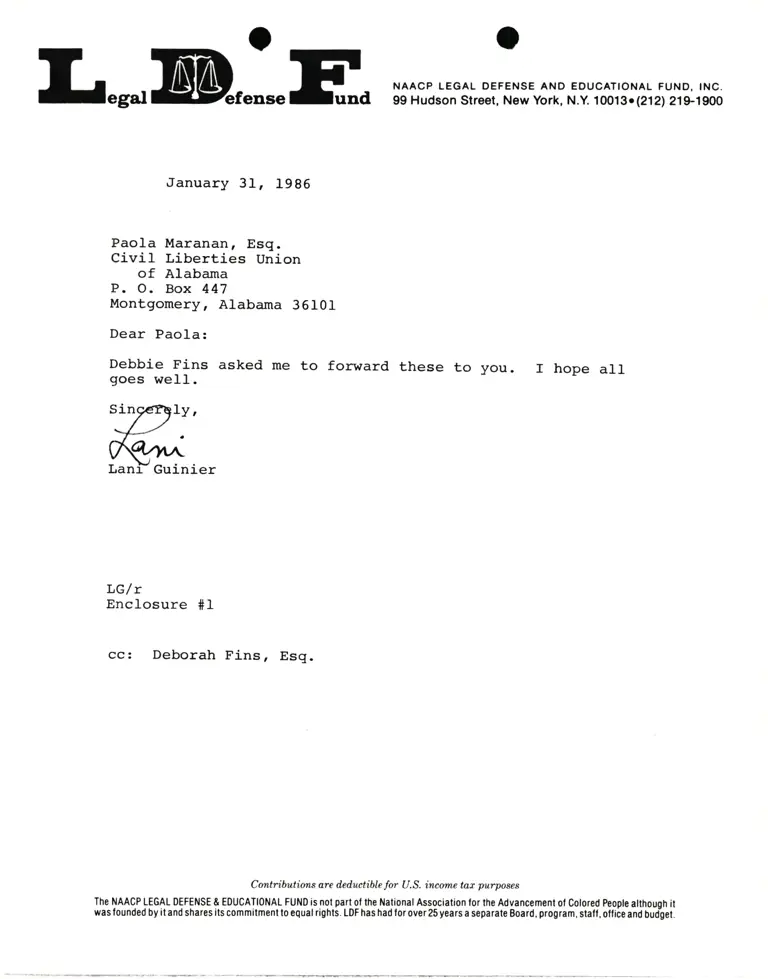 Correspondence from Lani Guinier to Paola Maranan, Esq. (Civil Liberties Union of Alabama) preview