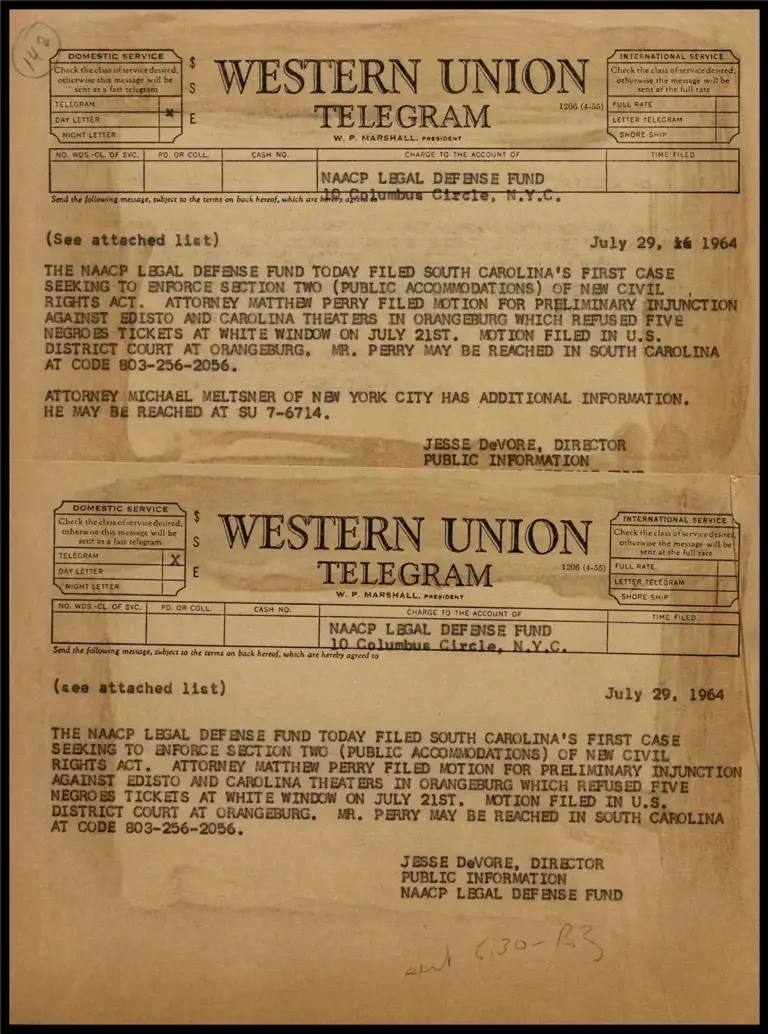 1st. S.C. Suit to Enforce Public Accommodations Section of Civil Rights Act (Telegram) preview