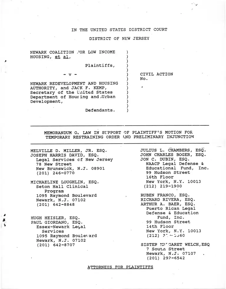 Newark Coalition for Low Income Housing v. Newark Redevelopment Housing Authority Memorandum of Law preview