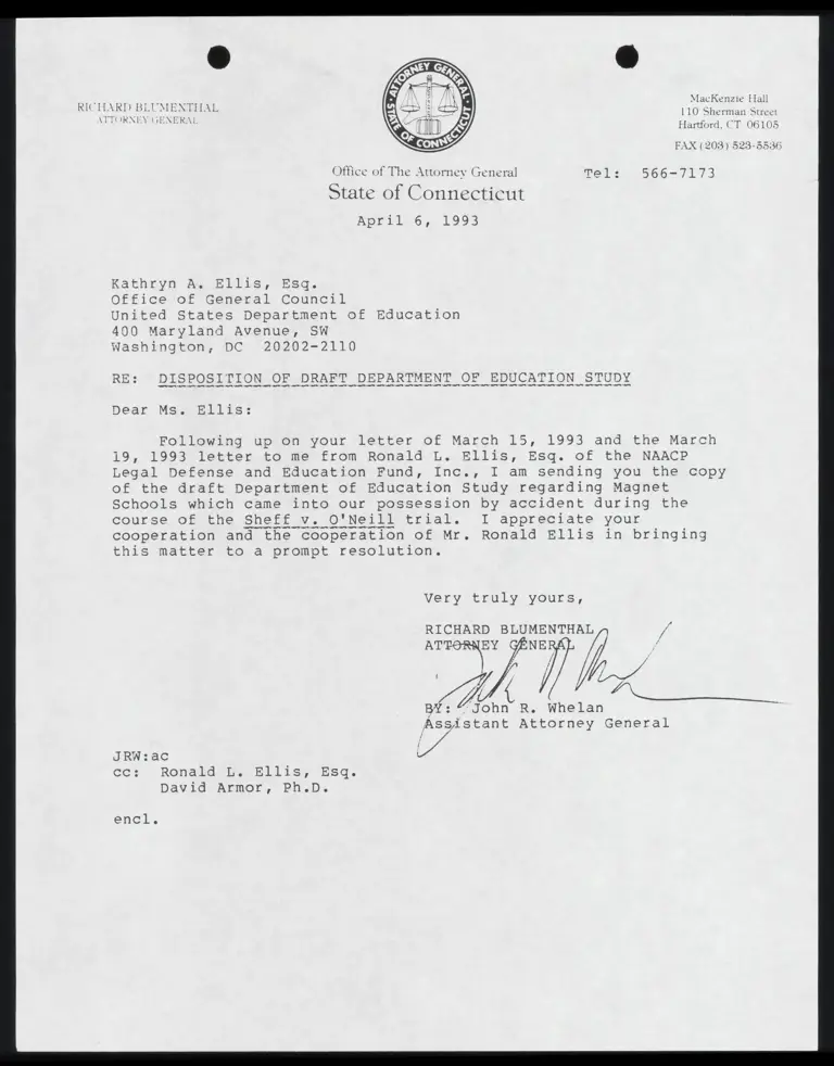 Correspondence from Whelan to Ellis Re: Disposition of Draft Department of Education Study preview