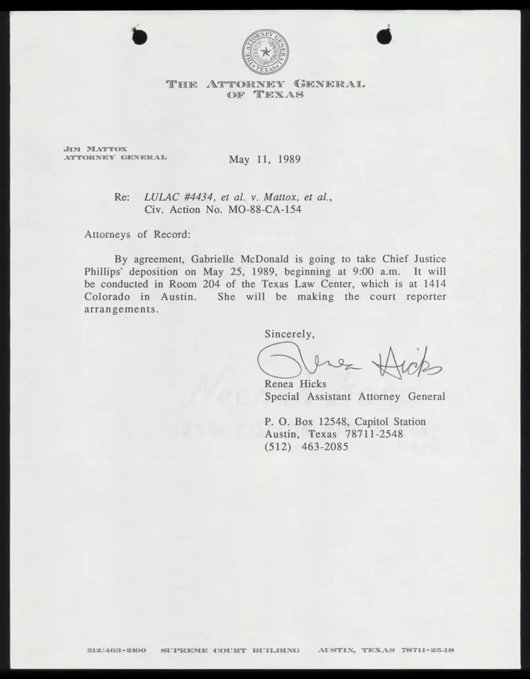 Correspondence from Hicks to All Counsel Re: Justice Phillips' Deposition preview