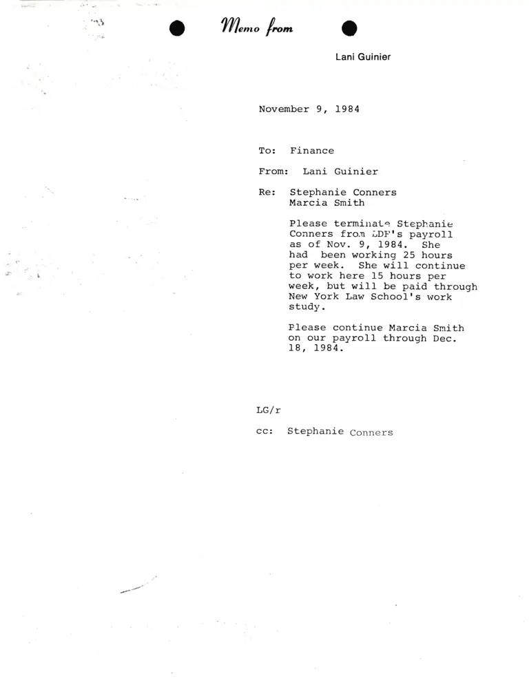 Memo from Lani Guinier to Finance RE: Stephanie Conners and Marcia Smith preview