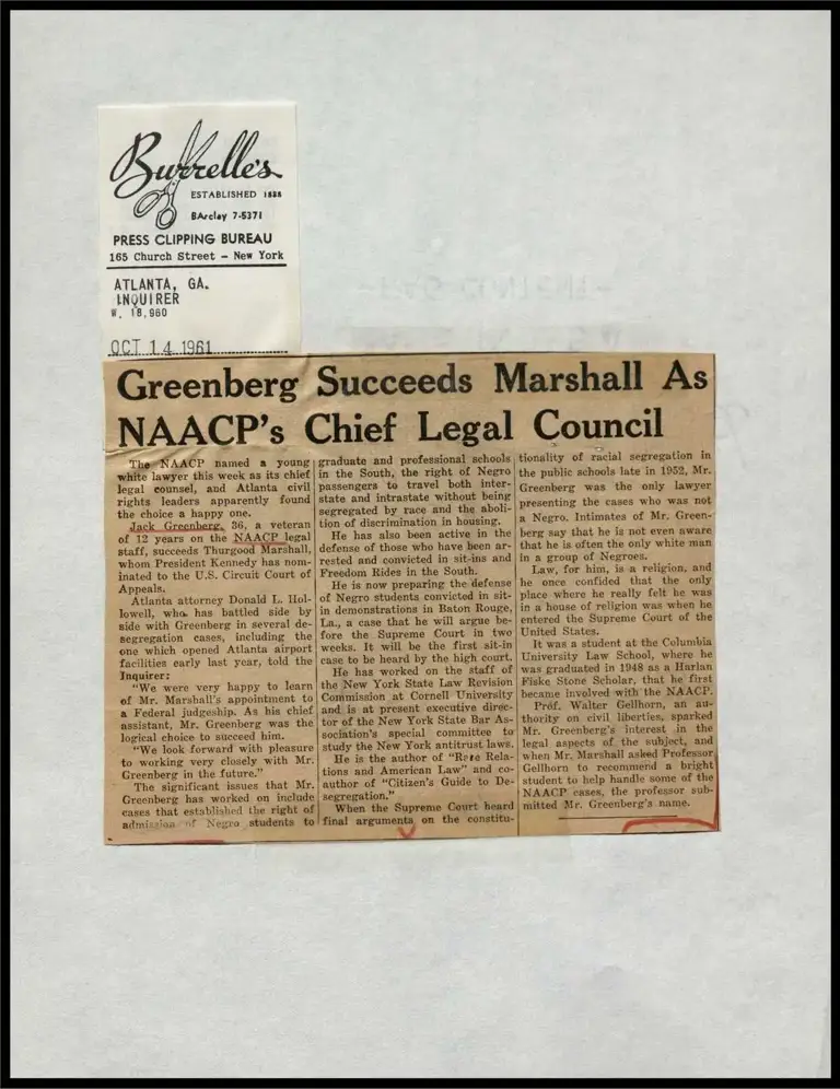 Greenberg Succeeds Marshall As NAACP's Chief Legal Council preview