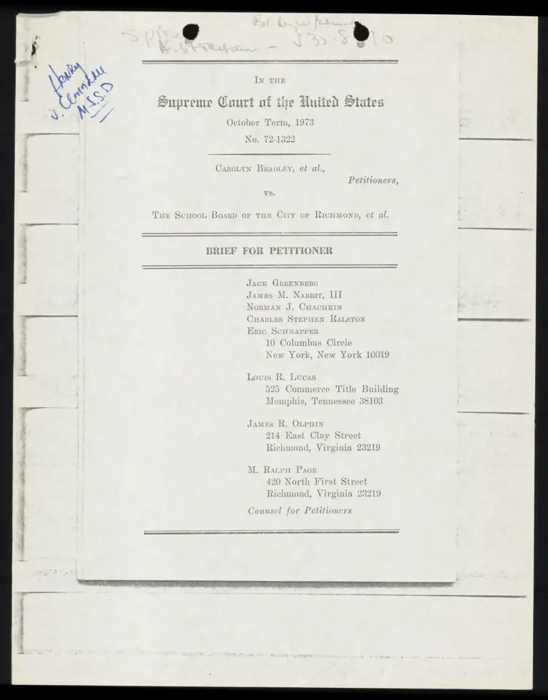 Bradley v. School Board of the City of Richmond Brief for Petitioner preview