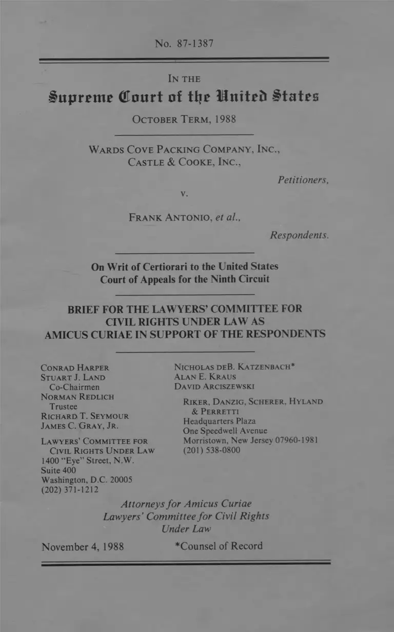 Wards Cove Packing Company, Inc. v. Atonio Brief Amicus Curiae in Support of Respondents preview