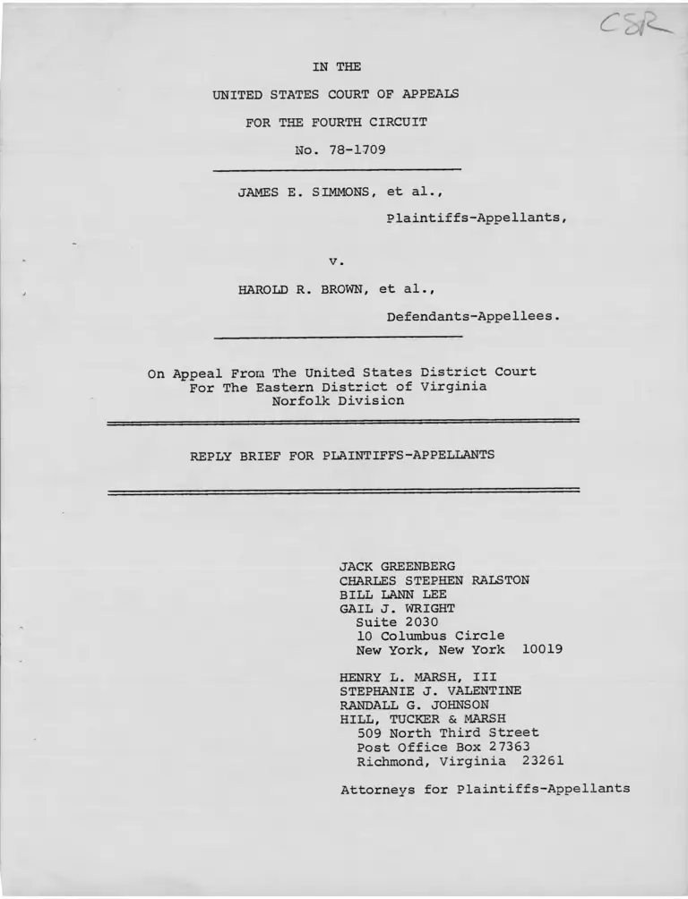 Simmons v Brown Reply Brief for Plaintiffs Appellants preview
