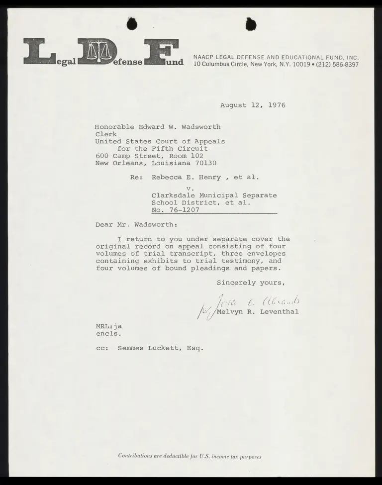 Correspondence from Leventhal to Clerk Re: Original Record on Appeal preview