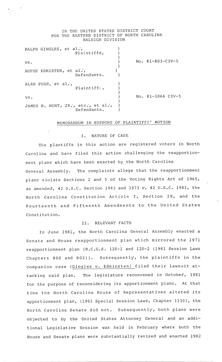 Gingles v. Edmisten and Pugh v. Hunt Memorandum in Support of Plaintiffs' Motion preview