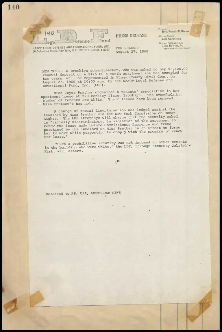 LDF Charges Racial Discrimination Against Negro School Teacher in All White Tenement preview