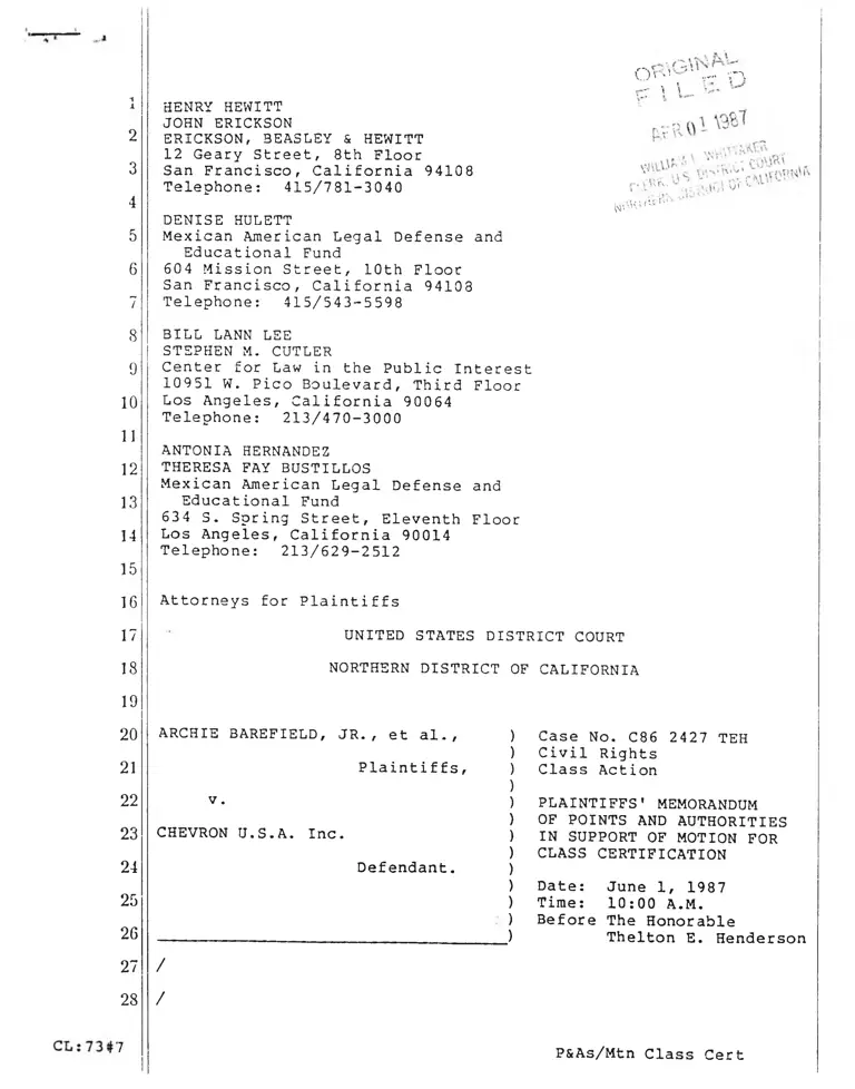 Barefield v. Chevron Plaintiffs' Memorandum of Points and Authorities in Support of Motion for Class Certification preview