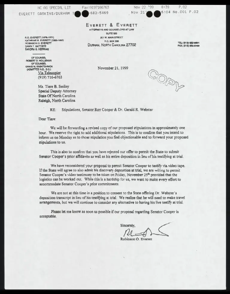 Fax to Smiley to Everett RE: Stipulations, Senator Cooper & Dr. Webster preview