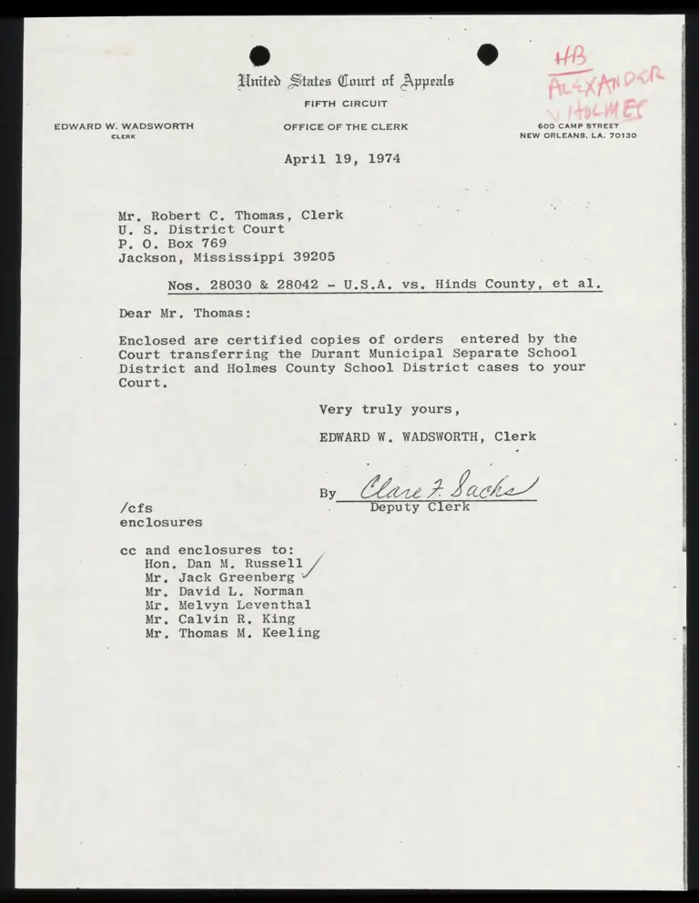 Correspondence from Clerk Wadsworth to Clerk Thomas Re: Order Transferring Durant and Holmes County Cases preview