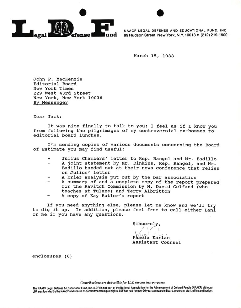 Correspondence from Pamela Karlan to John P. MacKenzie preview