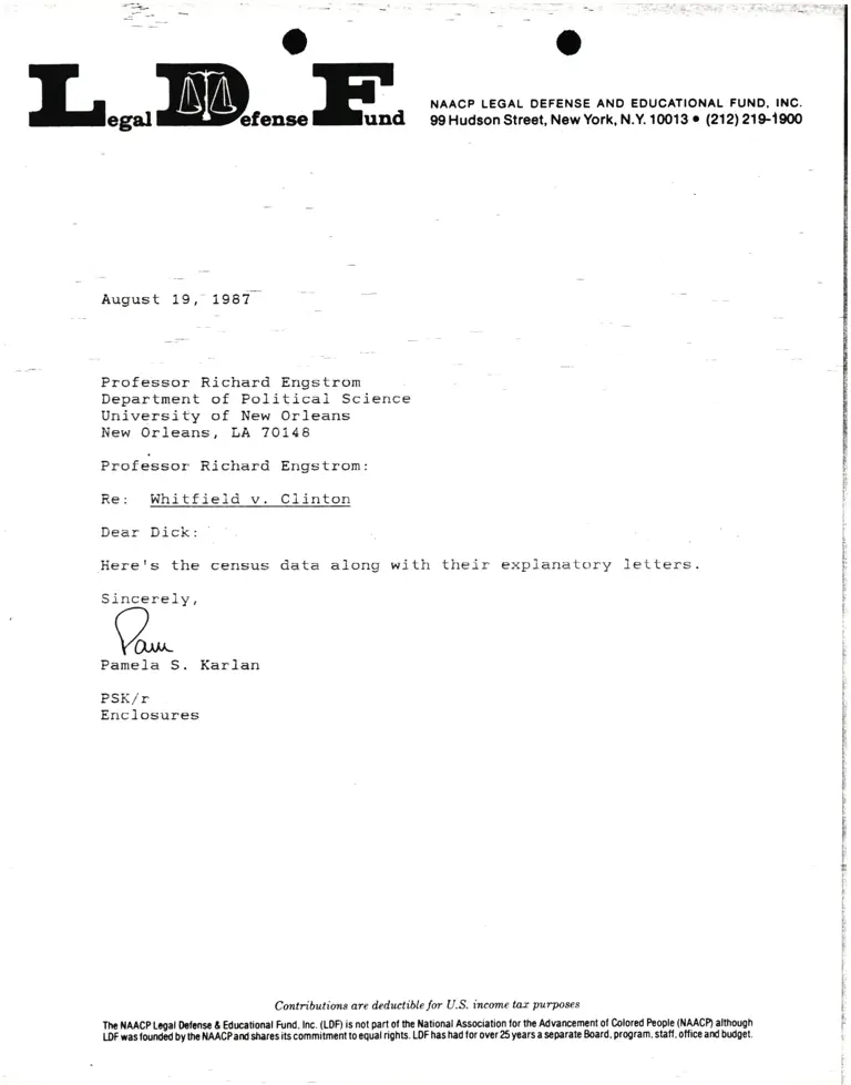 Correspondence from Pamela Karlan to Prof. Richard L. Engstrom Re Whitfield v. Clinton Whitfield v. Clinton preview