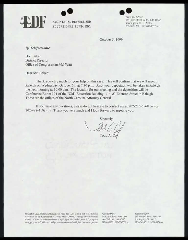Letter to Baker RE: Confirming dates for meeting and deposition preview