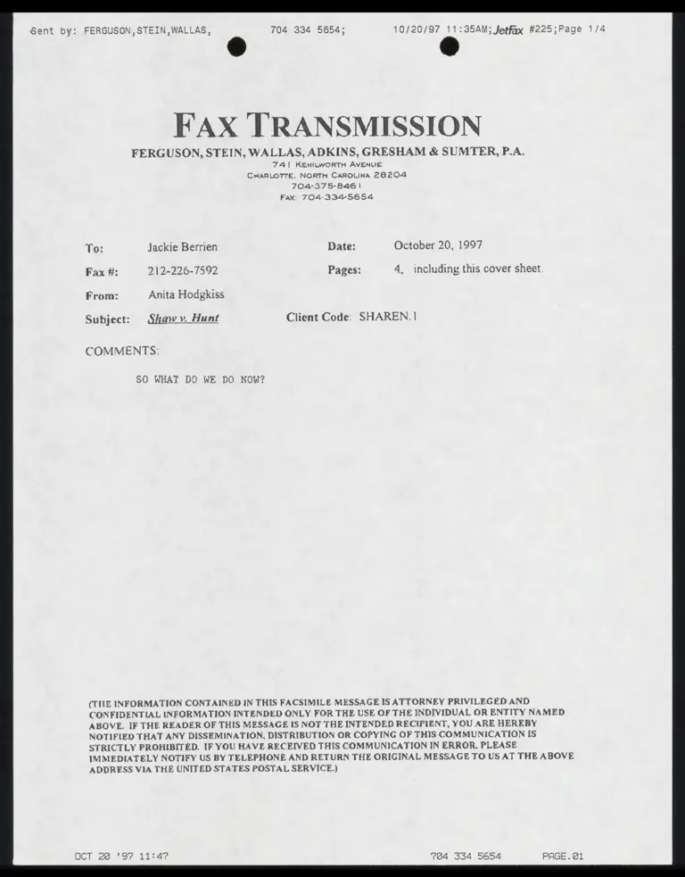 Correspondence from Hodgkiss to Berrien with Shaw v. Hunt Order and Judgment preview