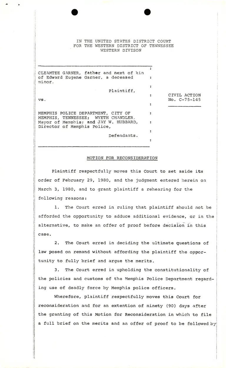 Motion for Reconsideration with Memorandum in Support and Plaintiff's Response preview