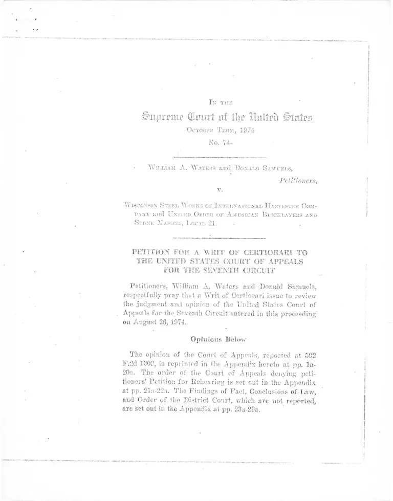 Waters v. Wisconsin Steel Works of International Harvester Company Petition for a Writ of Certiorari preview