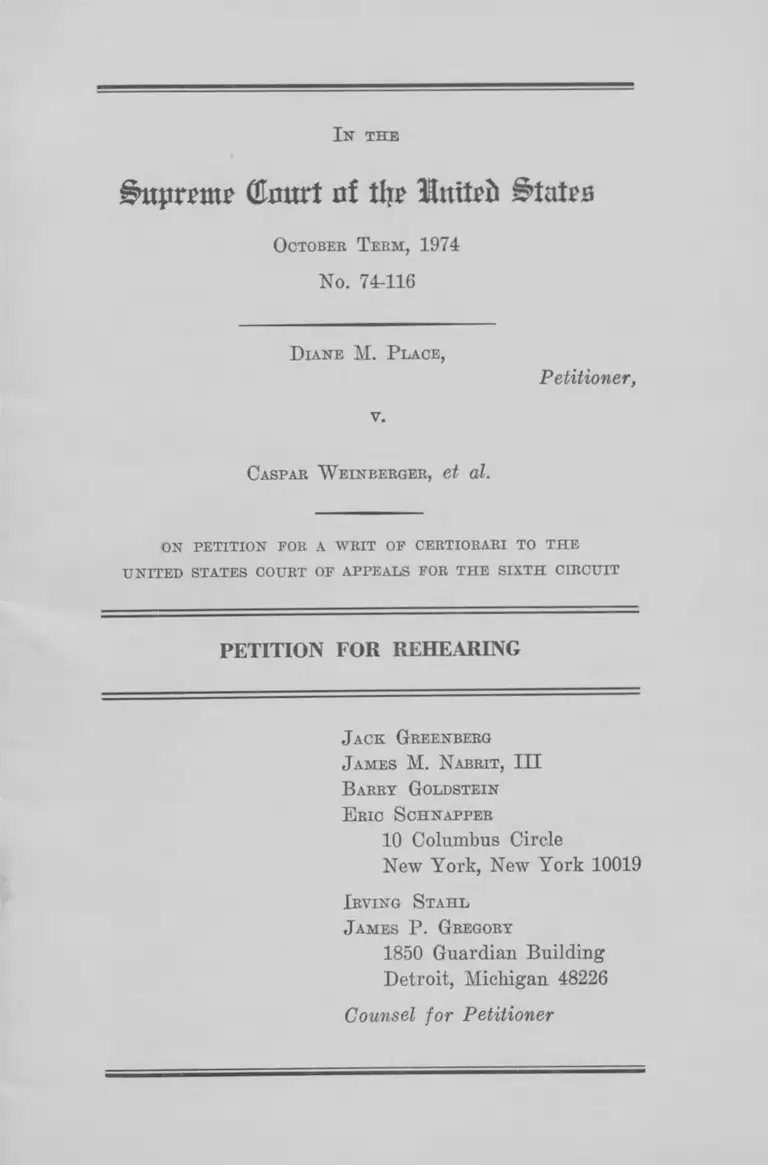Place v. Weinberger Petition for Rehearing preview