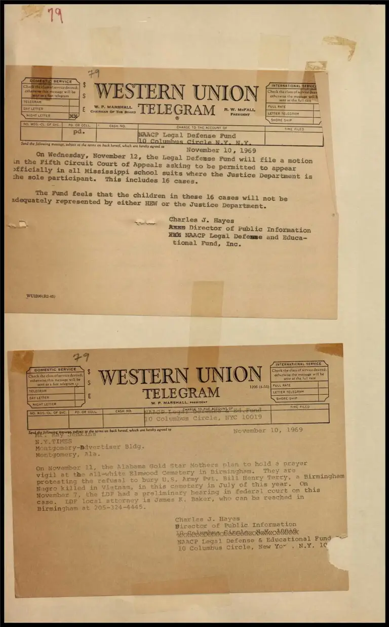 Vigil for Black Soldier Denied Cemetary Burial (Telegram); LDF to File for Permission to Appear in HEW and Justice Department School Suits (Telegram) preview