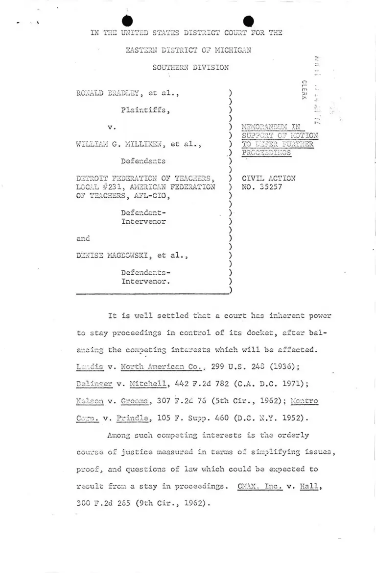 Memorandum in Support of Motion to Defer Further Proceedings preview