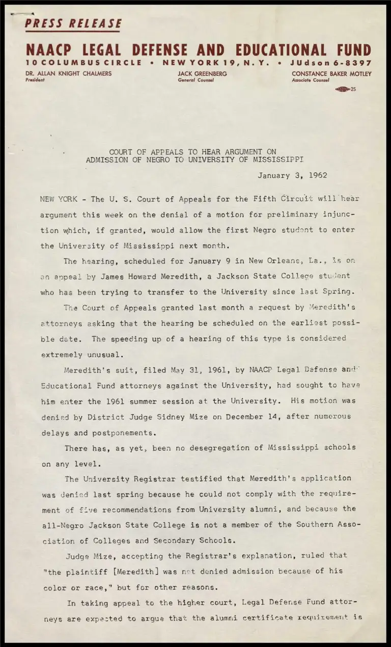 Court of Appeals to Heart Argument on Admission of Negro to University of Mississippi preview