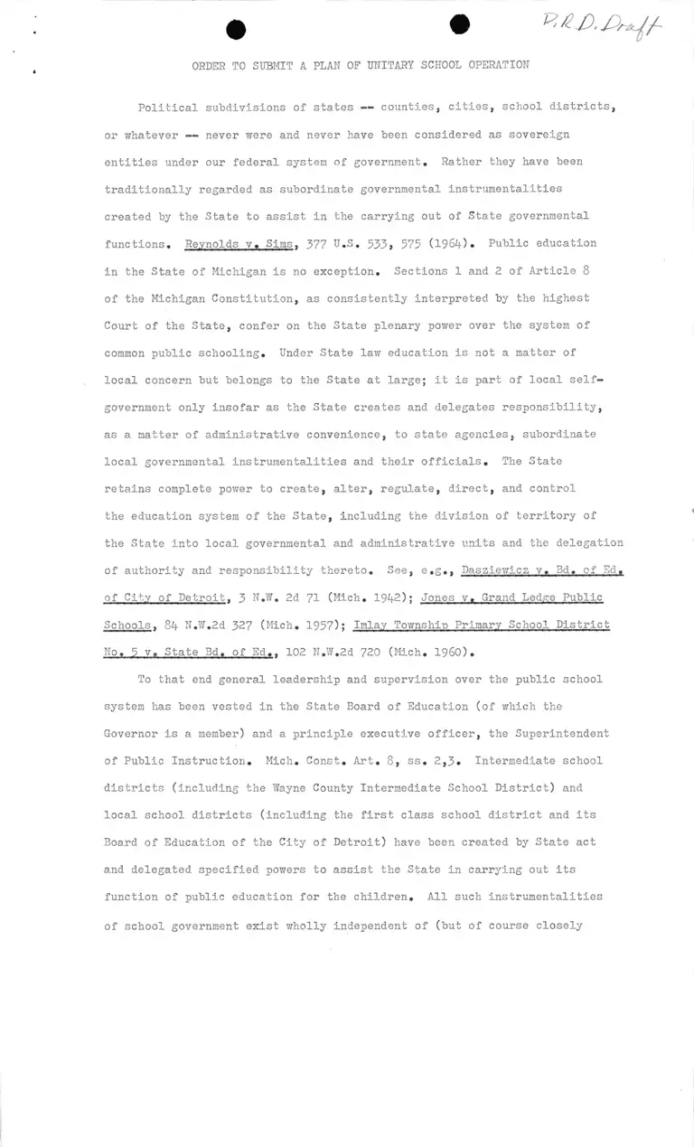 Draft Order to submit a Plan of Unitary School Operation preview