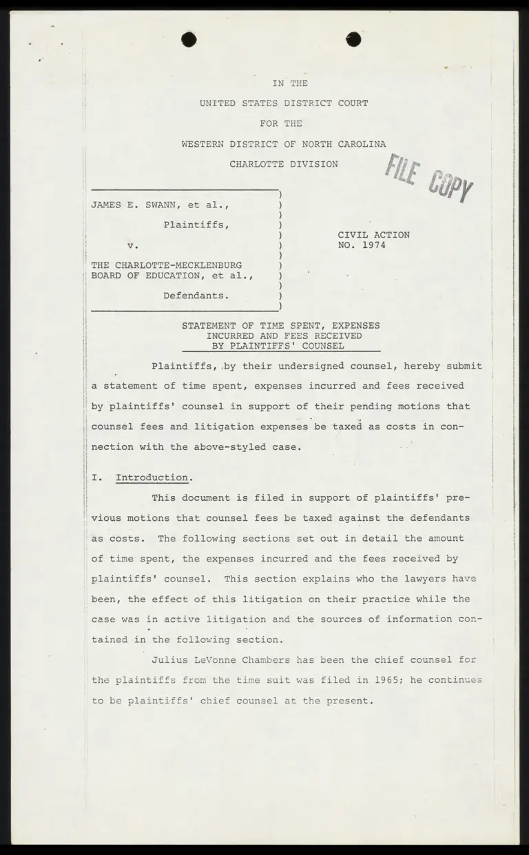 Statement of Time Spent, Expenses Incurred and Fees Received by Plaintiffs' Counsel preview