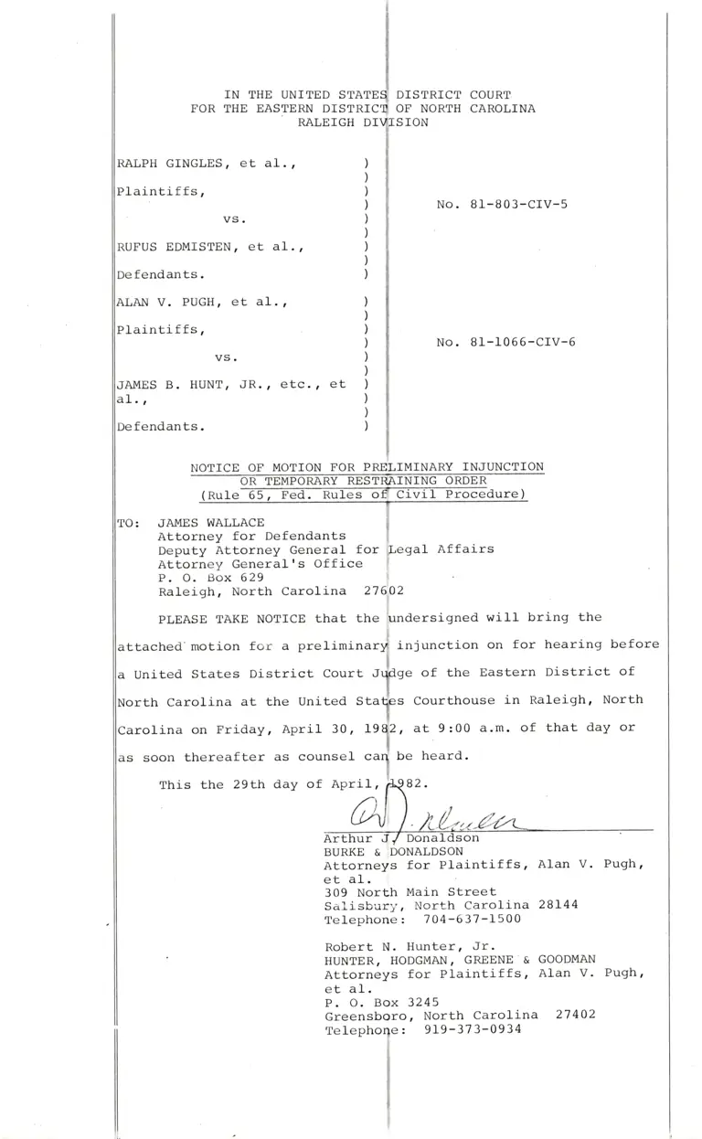 Gingles v. Edmisten and Pugh v. Hunt Notice of Motion for Preliminary Injunction or Temporary Restraining Order (Rule 65, Fed. Rules of Civil Procedure) preview