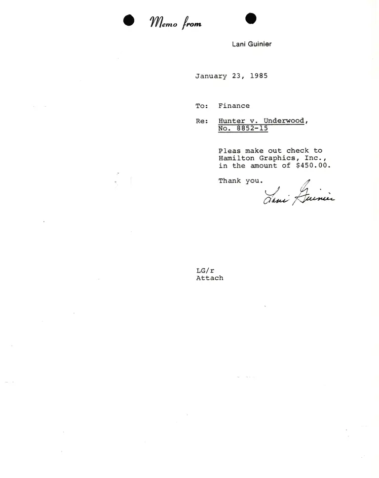 Memorandum from Lani Guinier to Finance Re Hunter v. Underwood preview