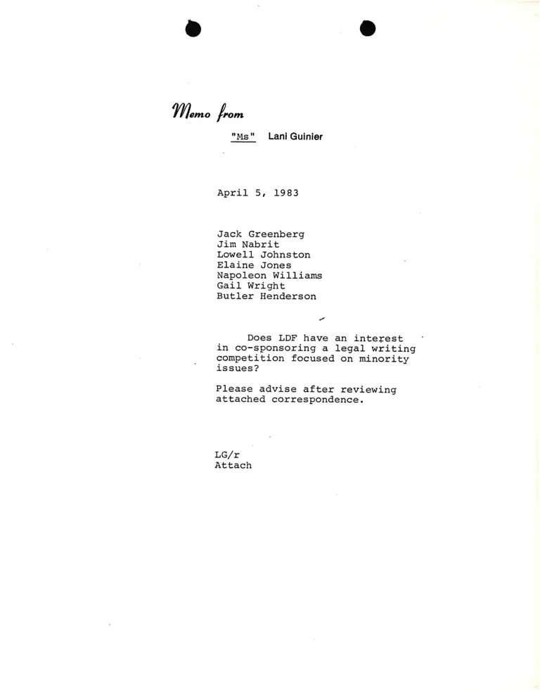 Memorandum from Lani Guinier to Greenberg, Nabrit, Johnston, Jones, Williams, Wright, and Henderson preview