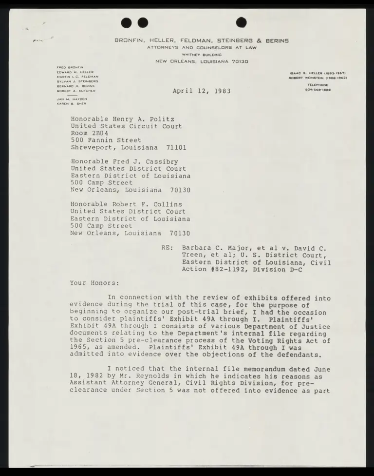 Correspondence from Feldman to Politz, Cassibry, and Collins preview