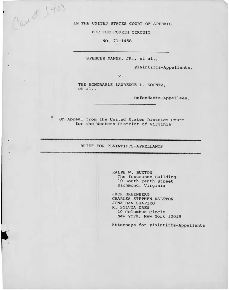 Manns, Jr. v. Hon. Lawrence Koontz Brief for Plaintiff-Appellants preview