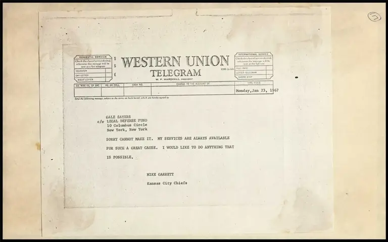 Telegram from Mike Garrett to Gale Sayers Re: National Sports Committee preview