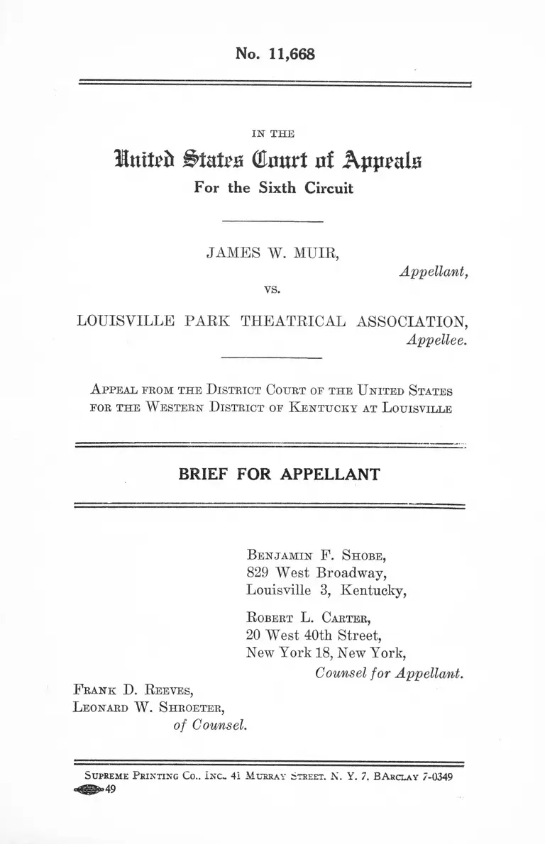Muir v. Louisville Park Theatrical Association Brief for Appellant preview