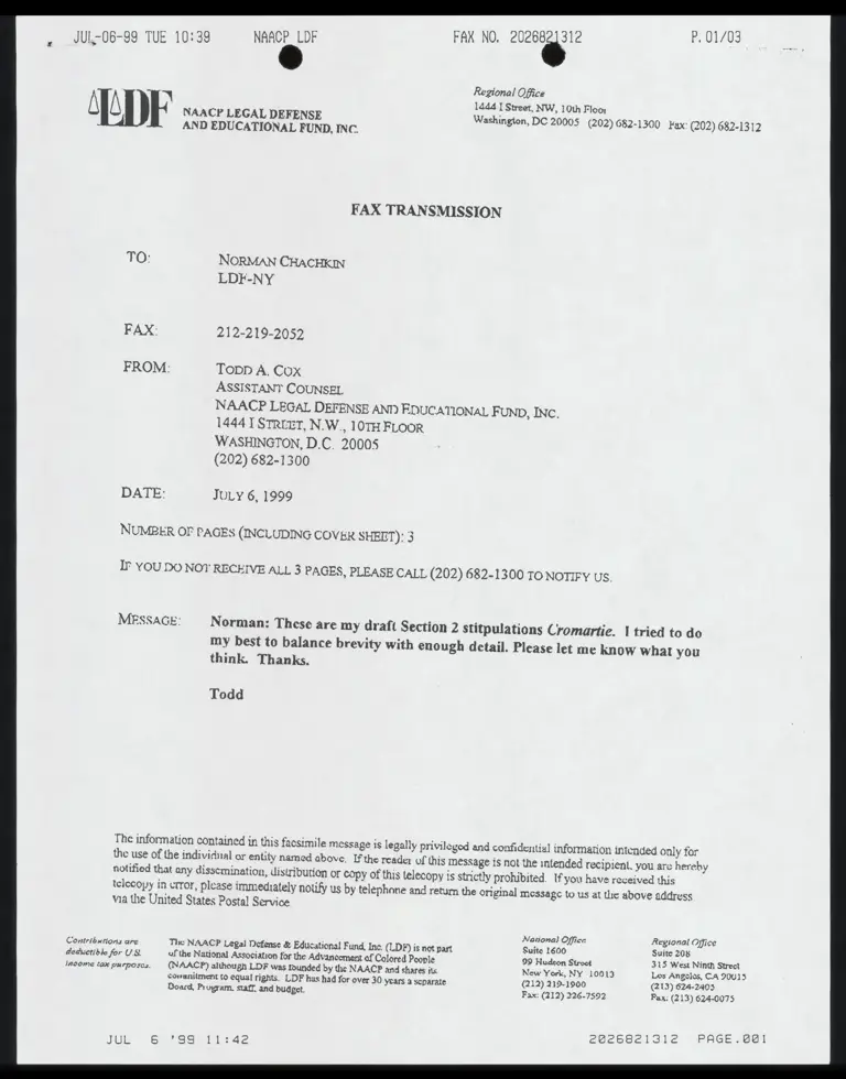 Memo from Cox to Chachkin with Draft Stipulations preview