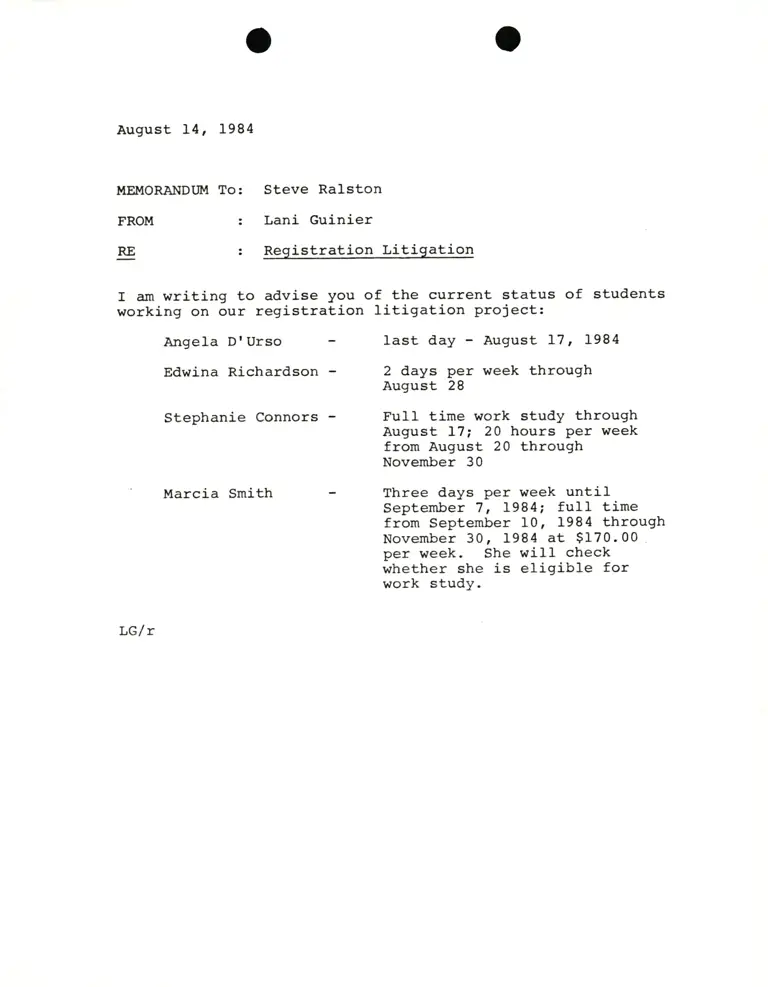 Memo from Lani Guinier to Steve Ralston RE Registration Litigation preview